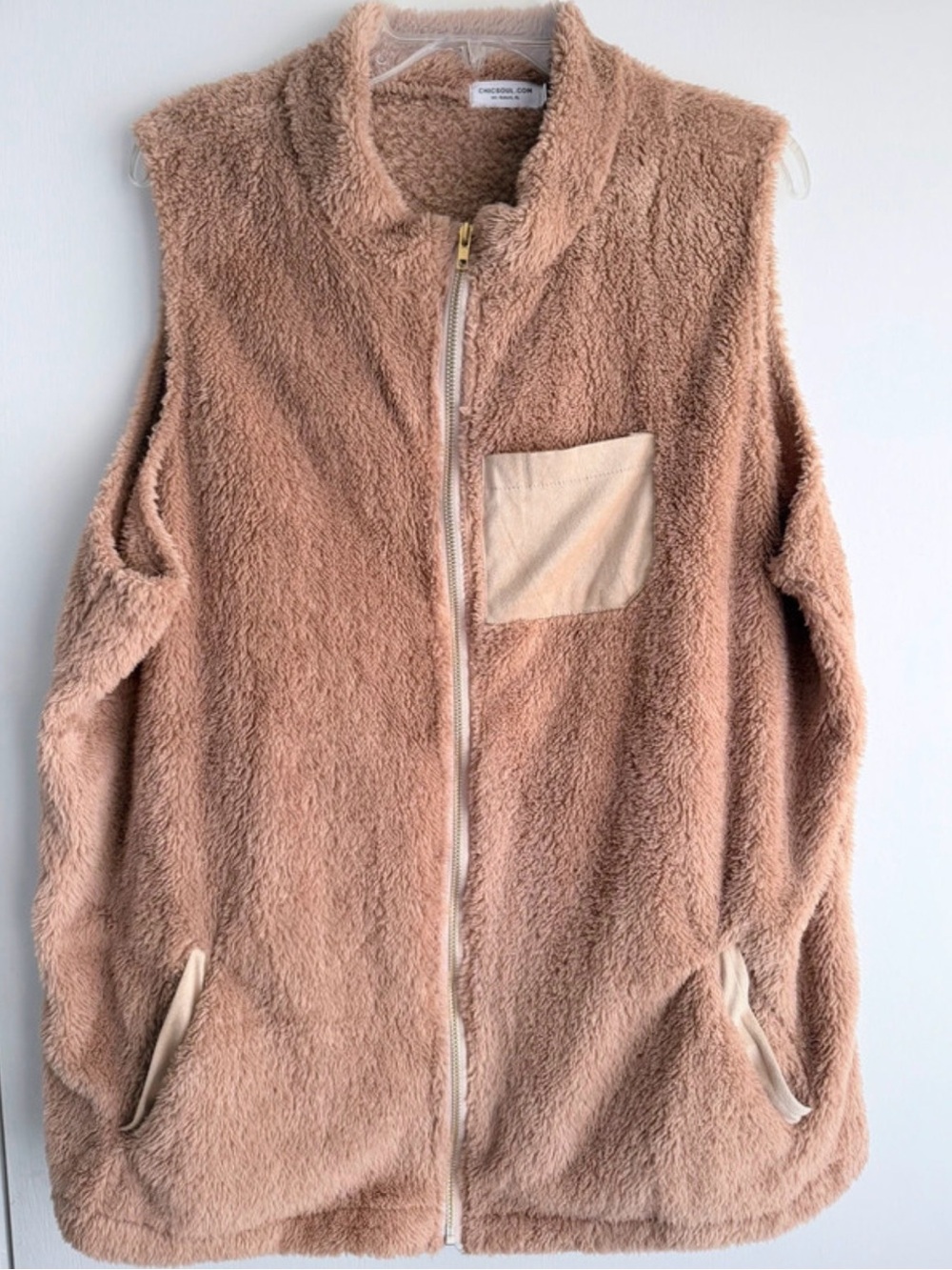 CHICSOUL Teddy Zip Vest in Taupe with Contrast Pocket Size 2XL